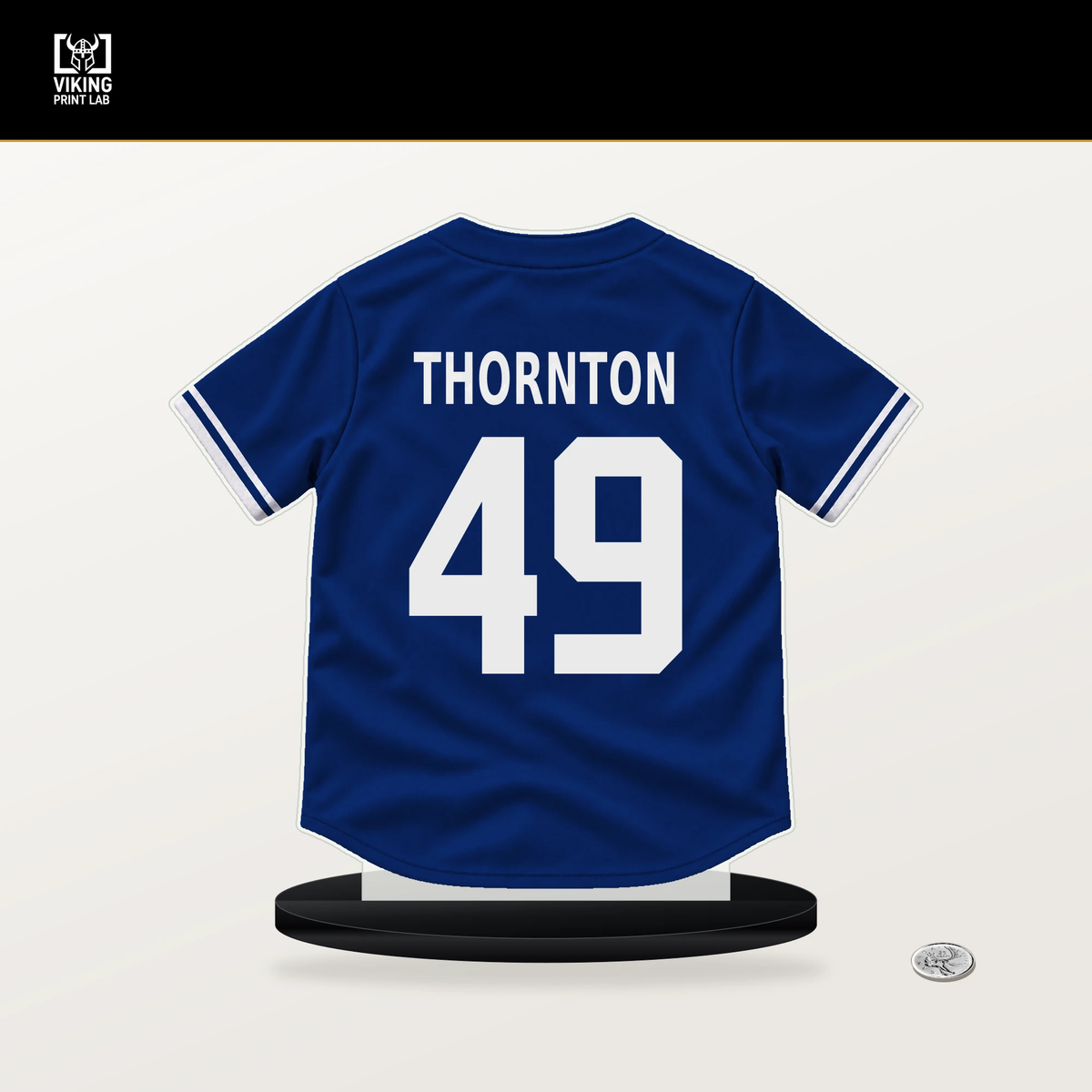 Trent Thornton number 49 Chicago Cubs jersey stand with included black base.