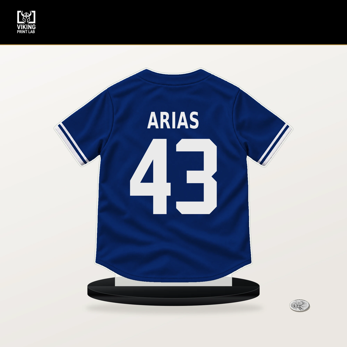 Gabriel Arias number 43 Chicago Cubs jersey stand with included black base.