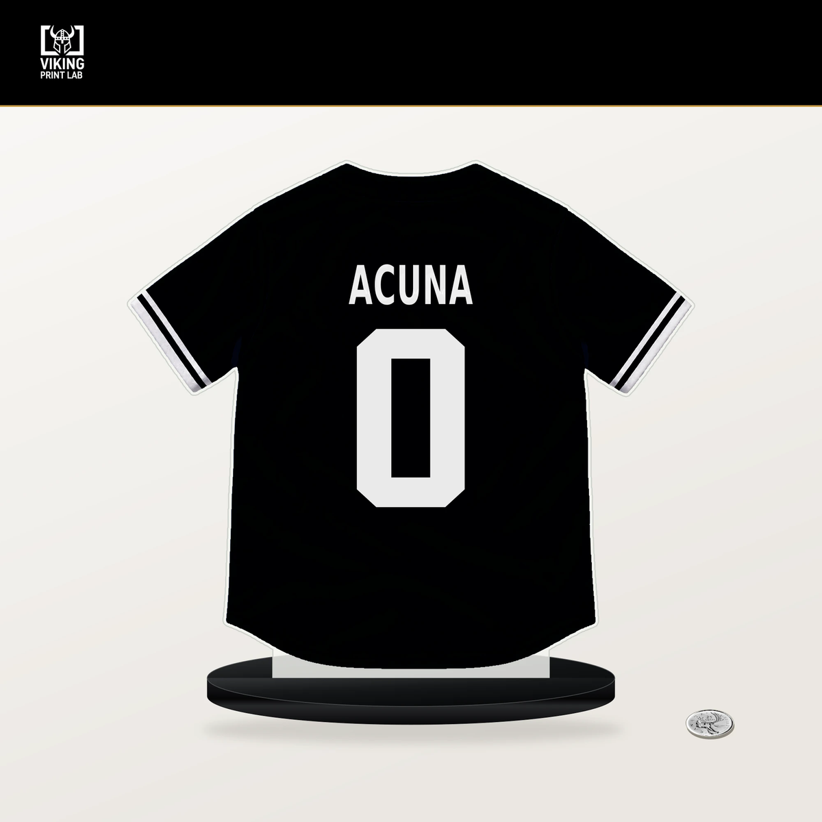 Luisangel Acuna number 0 Chicago White Sox jersey stand with included black base.