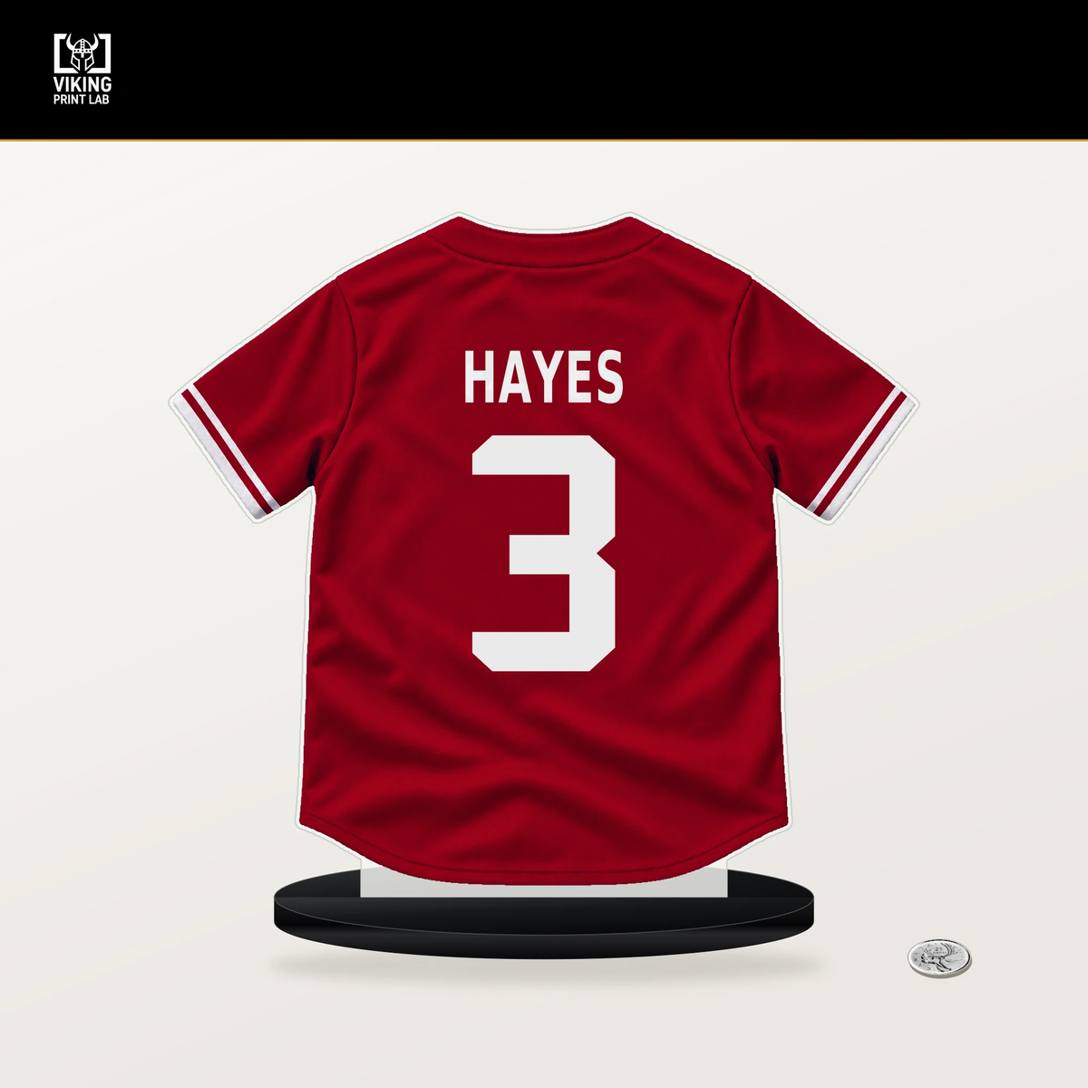 Ke'Bryan Hayes number 3 Cincinnati Reds jersey stand with included black base.