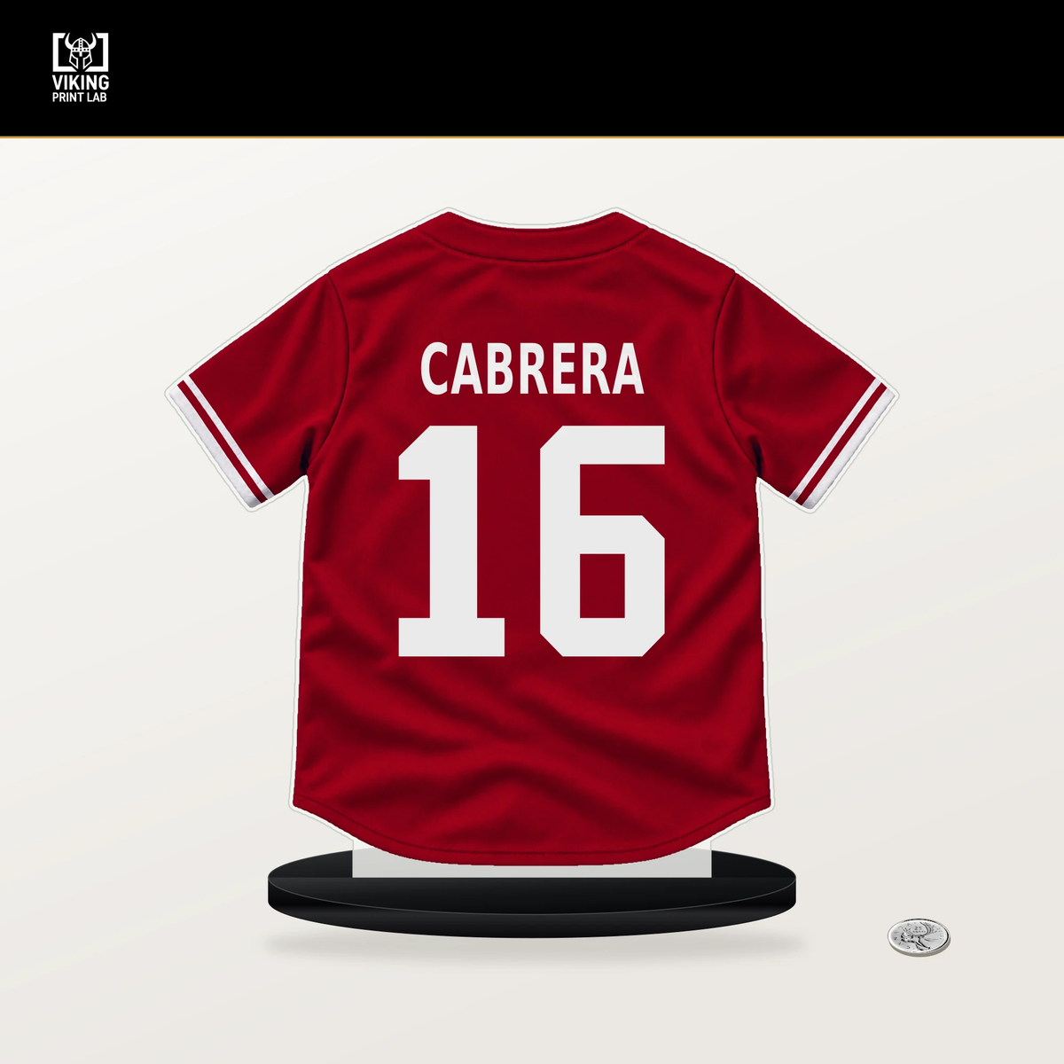 Oswaldo Cabrera number 16 Cincinnati Reds jersey stand with included black base.