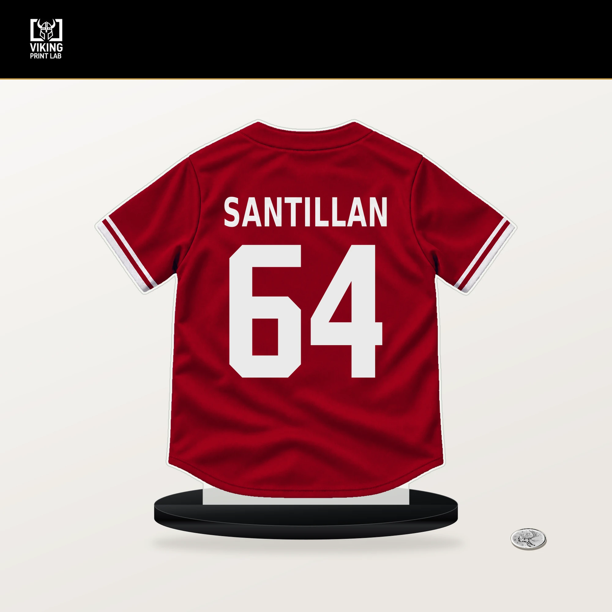 Tony Santillan number 64 Cincinnati Reds jersey stand with included black base.