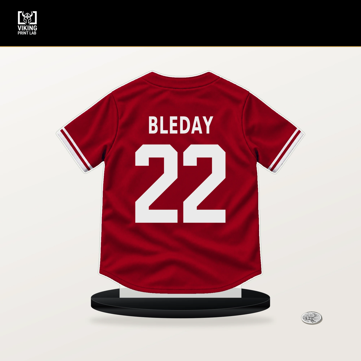 JJ Bleday number 22 Cincinnati Reds jersey stand with included black base.