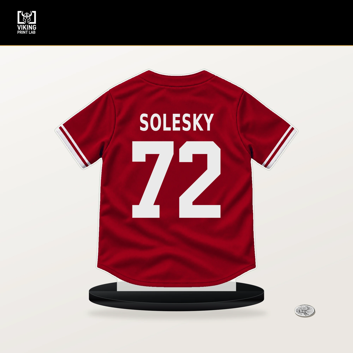 Chase Solesky number 72 Cincinnati Reds jersey stand with included black base.