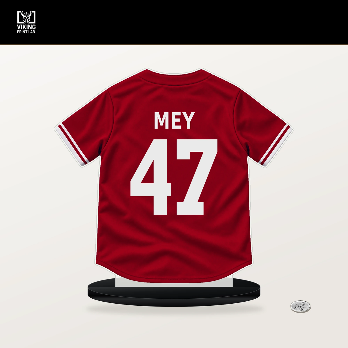 Luis Mey number 47 Cincinnati Reds jersey stand with included black base.