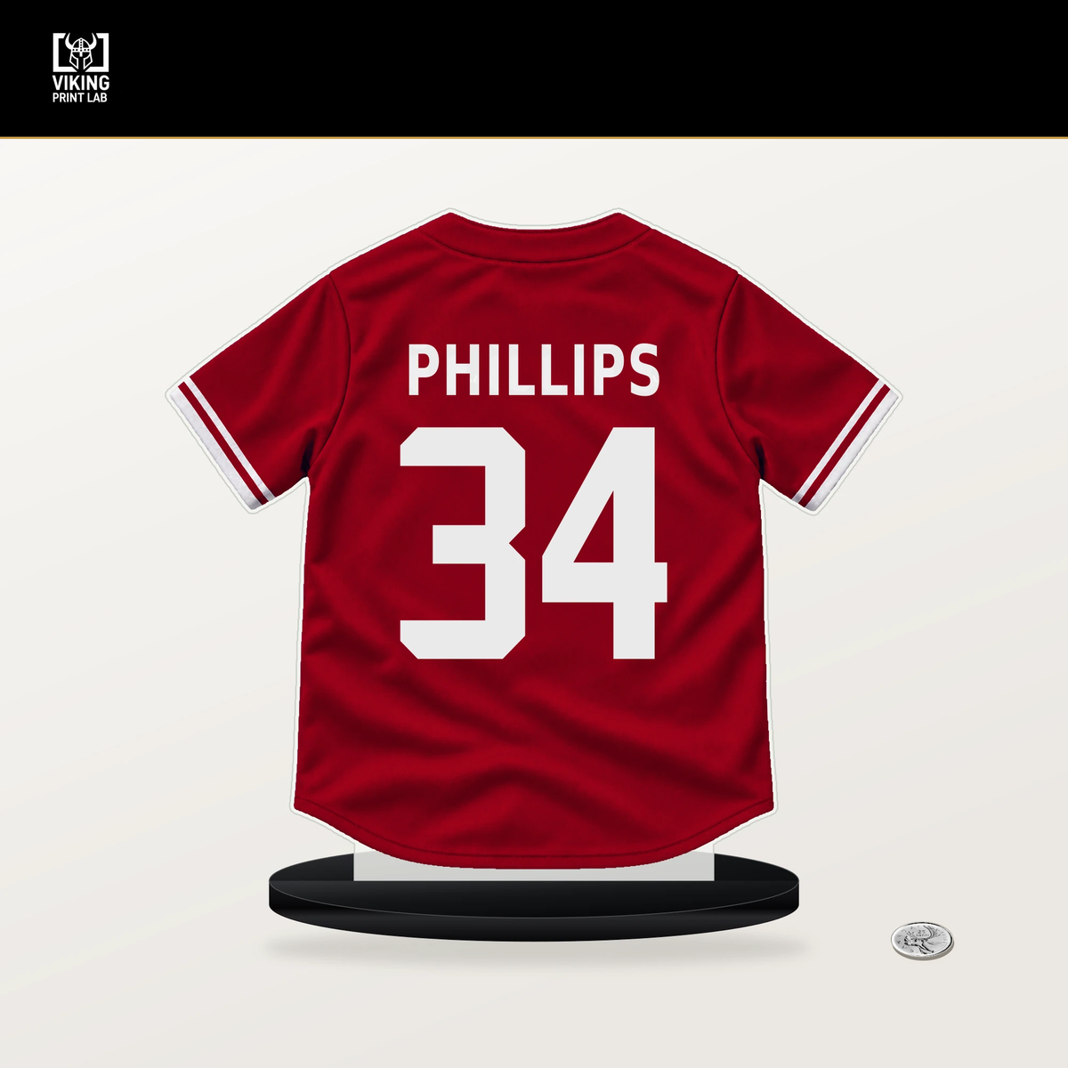 Connor Phillips number 34 Cincinnati Reds jersey stand with included black base.