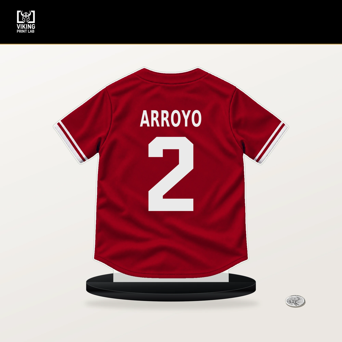Edwin Arroyo number 2 Cincinnati Reds jersey stand with included black base.