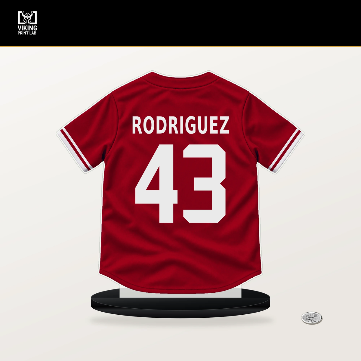 Hector Rodriguez number 43 Cincinnati Reds jersey stand with included black base.
