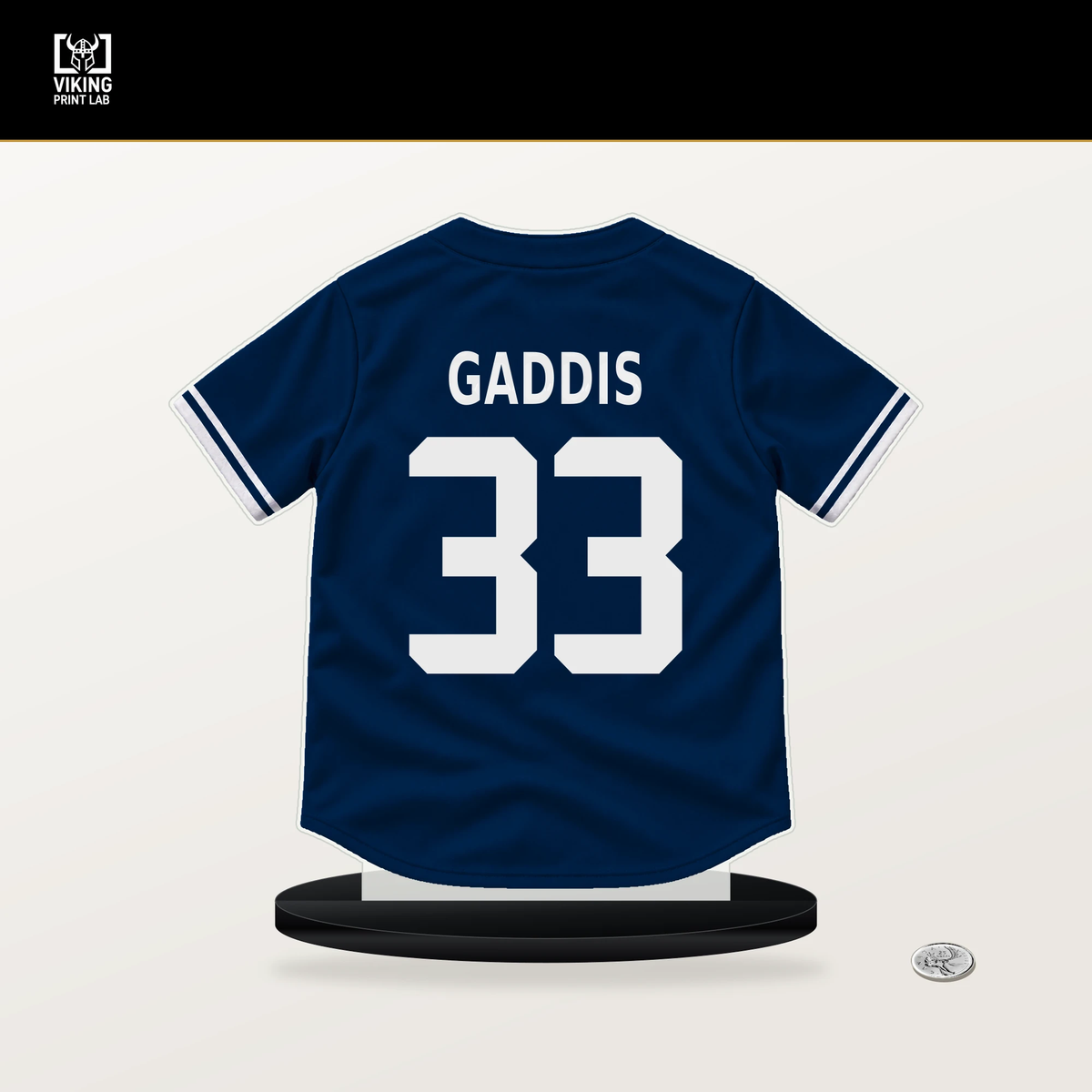 Hunter Gaddis number 33 Cleveland Guardians jersey stand with included black base.