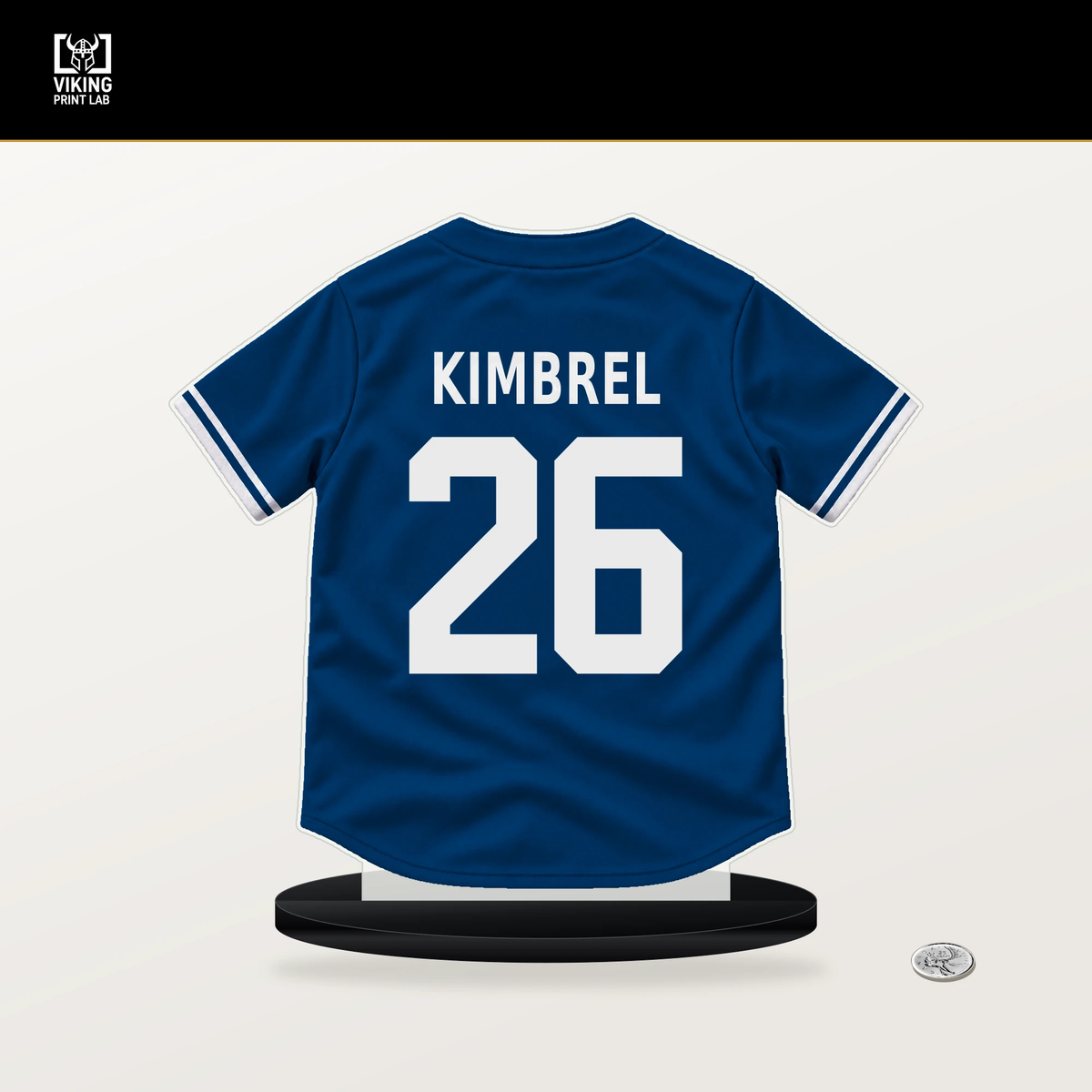 Craig Kimbrel number 26 Kansas City Royals jersey stand with included black base.