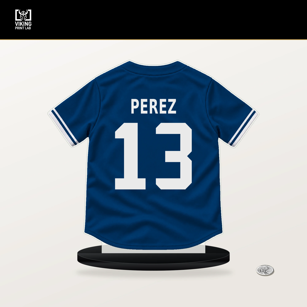 Salvador Perez number 13 Kansas City Royals jersey stand with included black base.