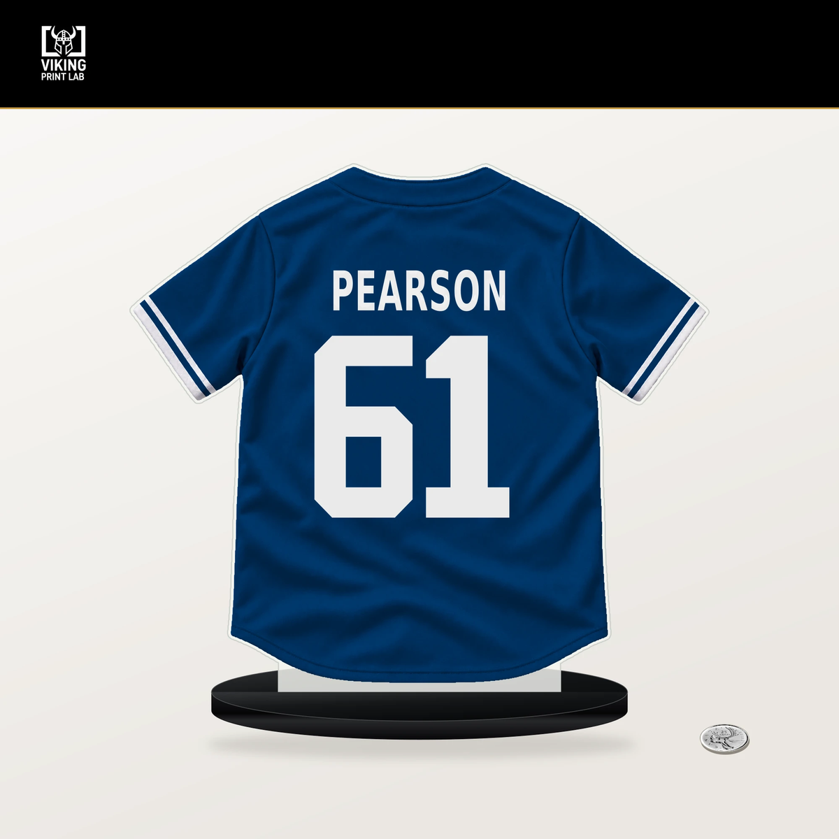 Nate Pearson number 61 Kansas City Royals jersey stand with included black base.