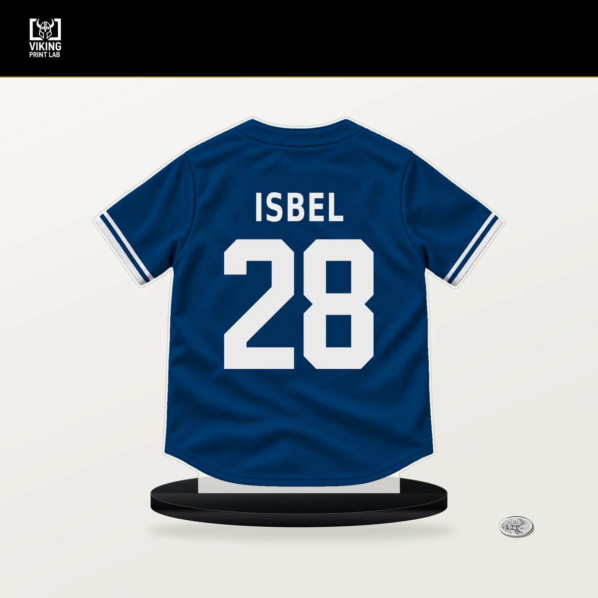 Kyle Isbel number 28 Kansas City Royals jersey stand with included black base.