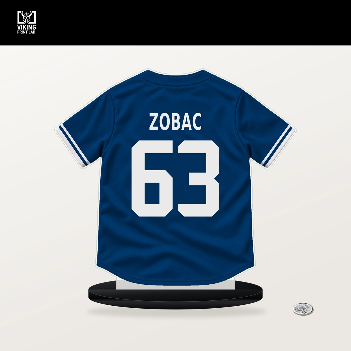Steven Zobac number 63 Kansas City Royals jersey stand with included black base.