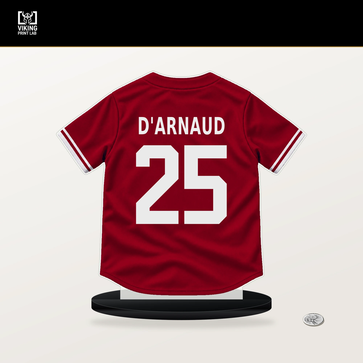 Travis d'Arnaud number 25 Los Angeles Angels jersey stand with included black base.