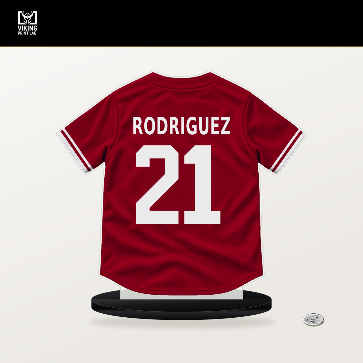 Grayson Rodriguez number 21 Los Angeles Angels jersey stand with included black base.
