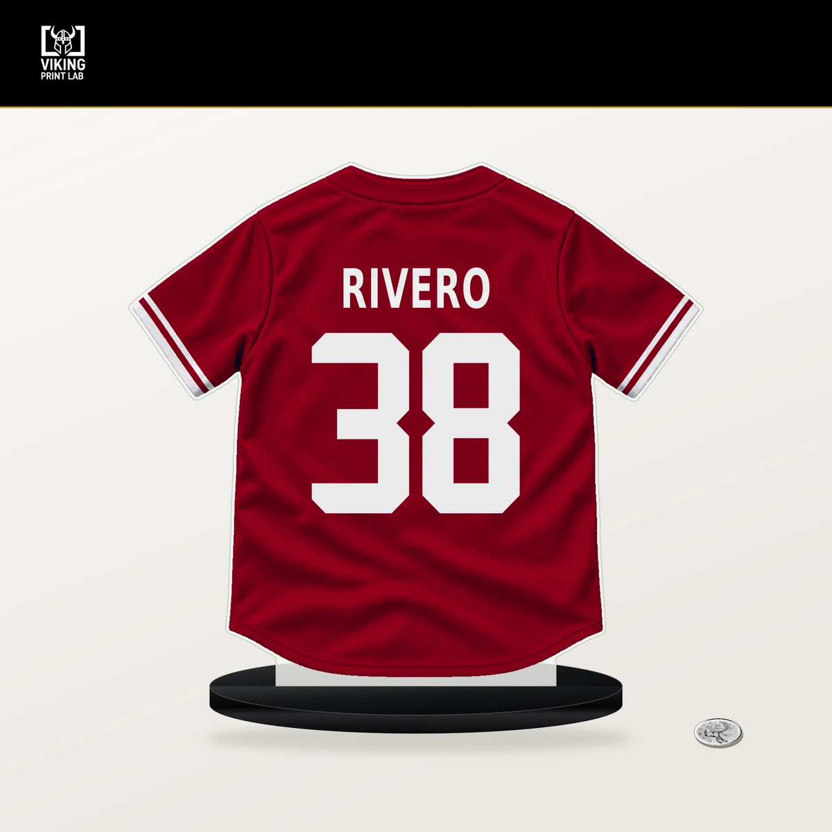 Sebastian Rivero number 38 Los Angeles Angels jersey stand with included black base.
