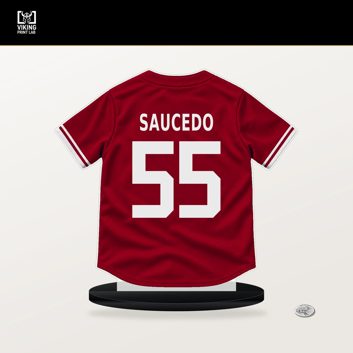 Tayler Saucedo number 55 Los Angeles Angels jersey stand with included black base.