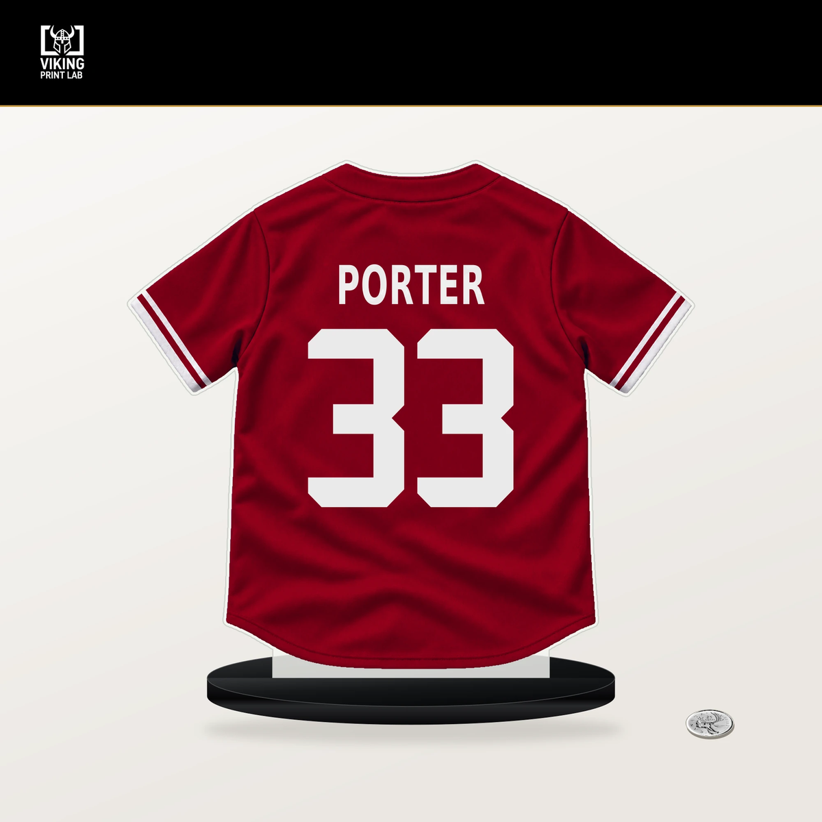 Logan Porter number 33 Los Angeles Angels jersey stand with included black base.