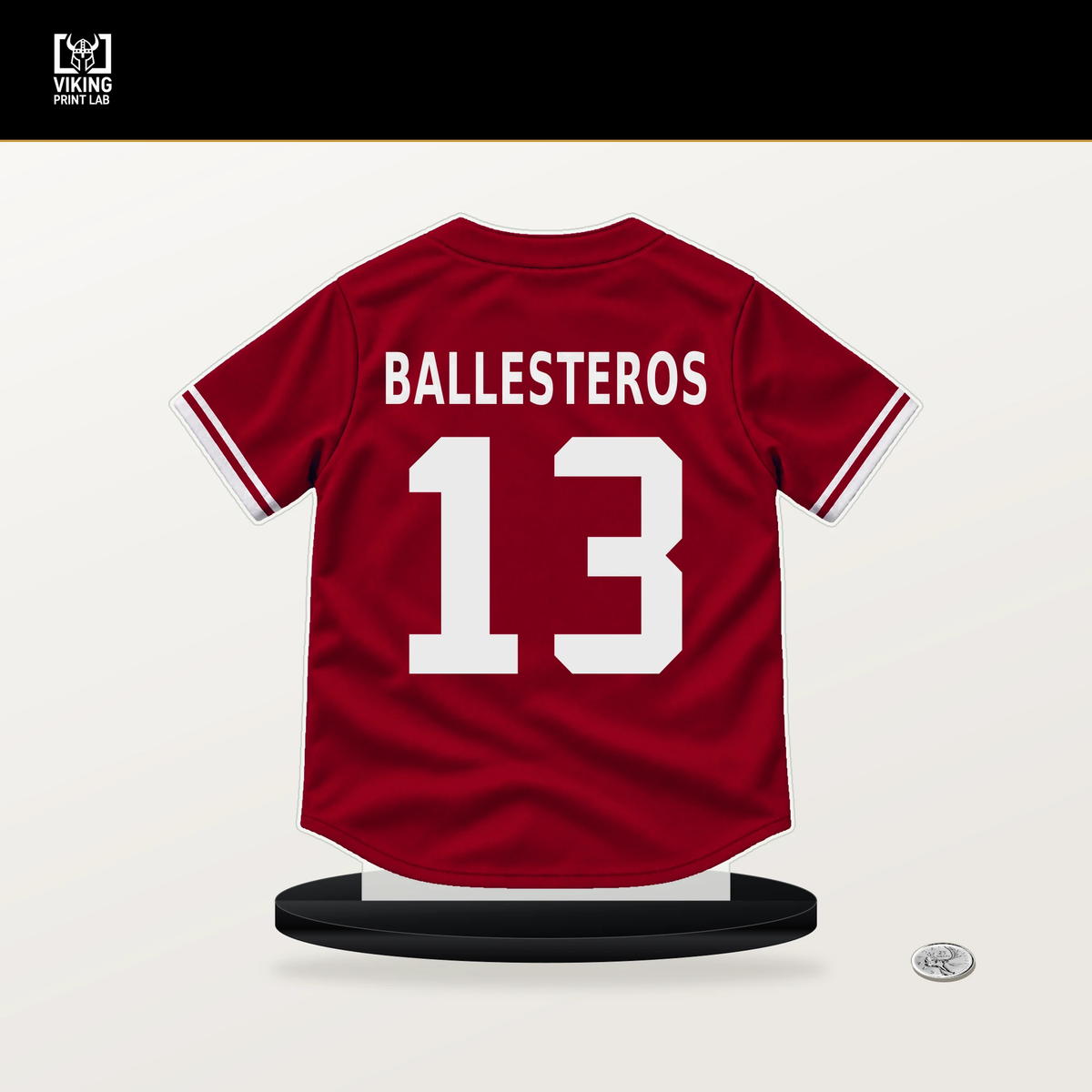 Moises Ballesteros number 13 Los Angeles Angels jersey stand with included black base.