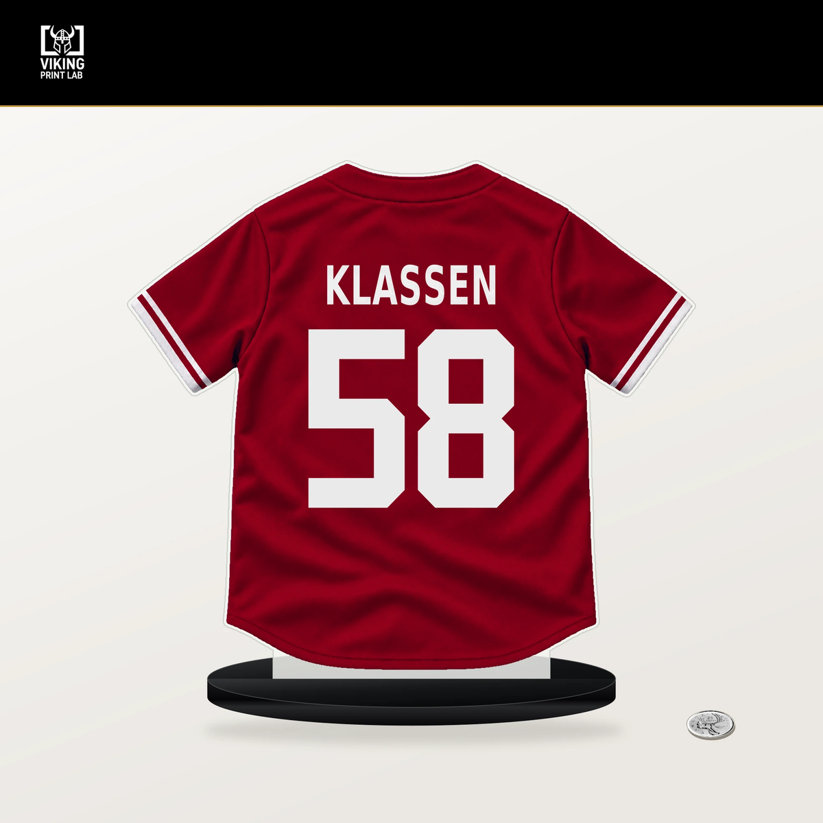 George Klassen number 58 Los Angeles Angels jersey stand with included black base.