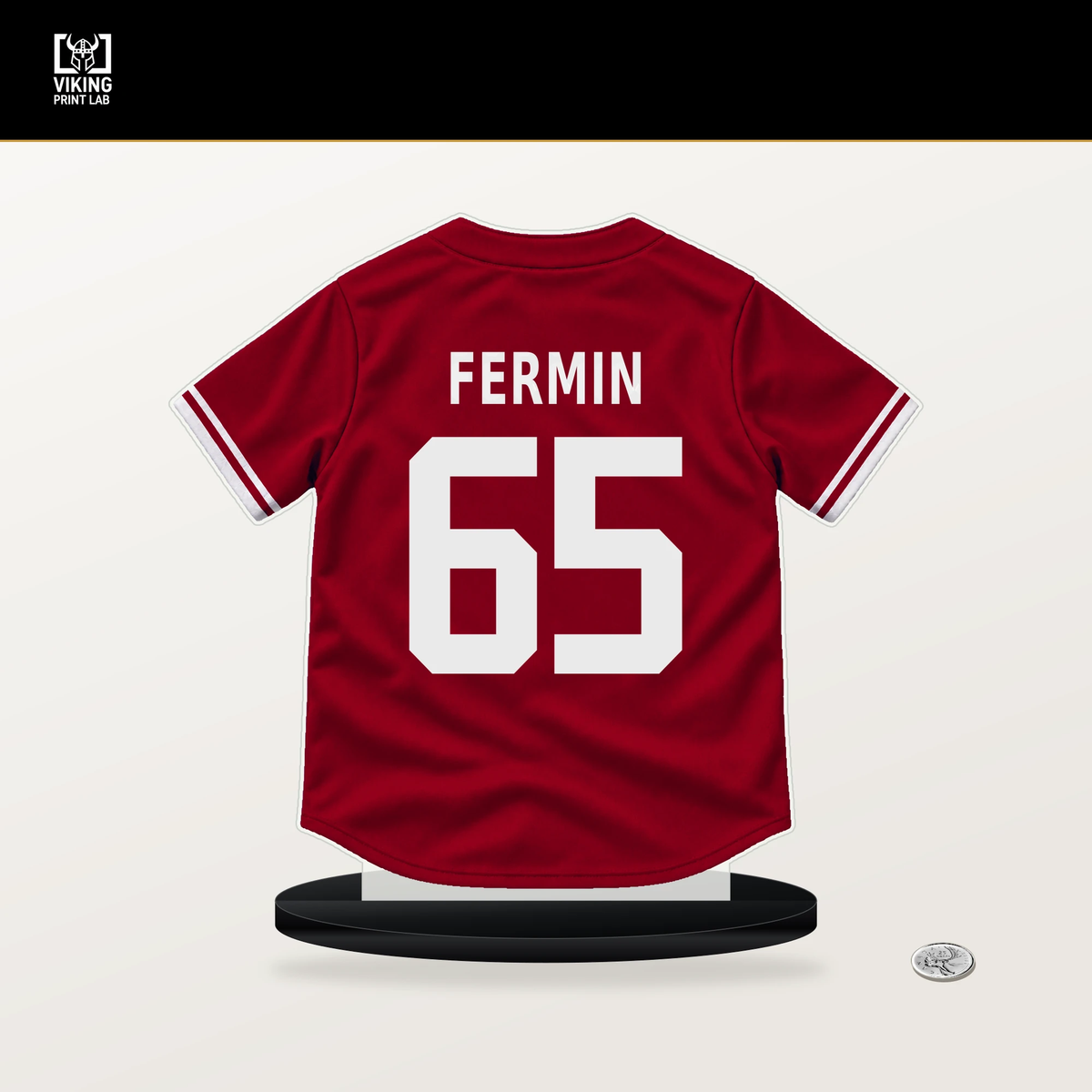 Jose Fermin number 65 Los Angeles Angels jersey stand with included black base.