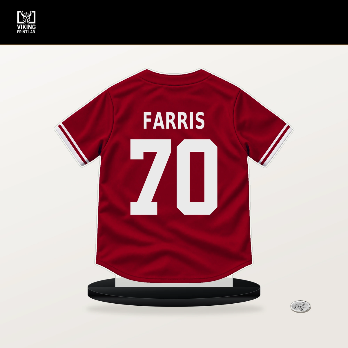 Mitch Farris number 70 Los Angeles Angels jersey stand with included black base.