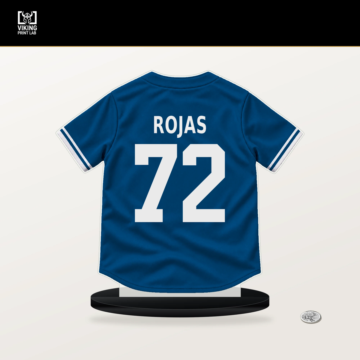 Miguel Rojas number 72 Los Angeles Dodgers jersey stand with included black base.