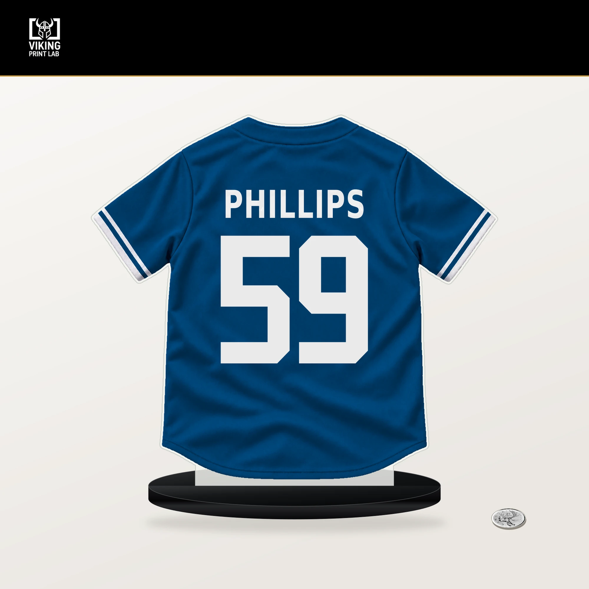 Evan Phillips number 59 Los Angeles Dodgers jersey stand with included black base.