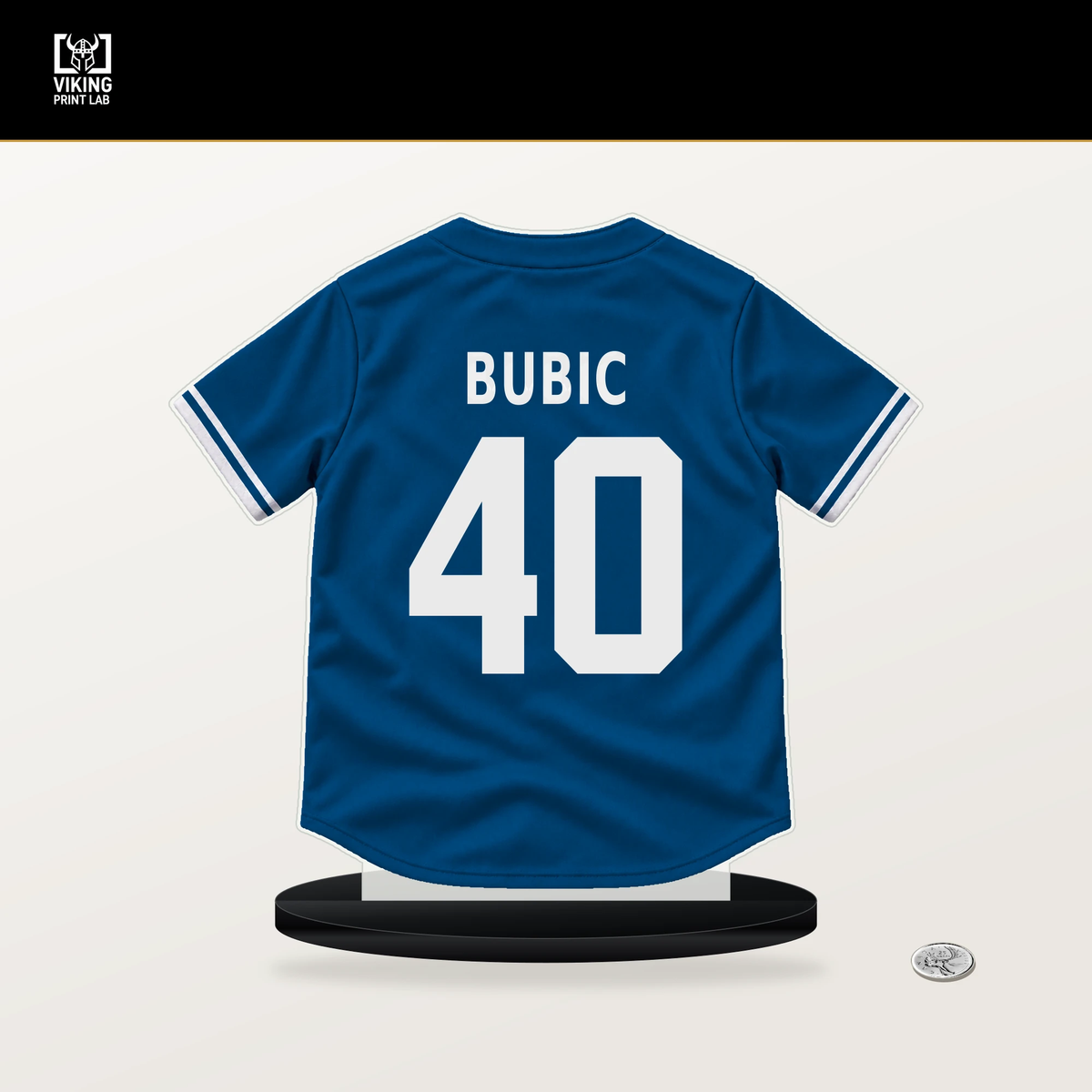 Kris Bubic number 40 Los Angeles Dodgers jersey stand with included black base.