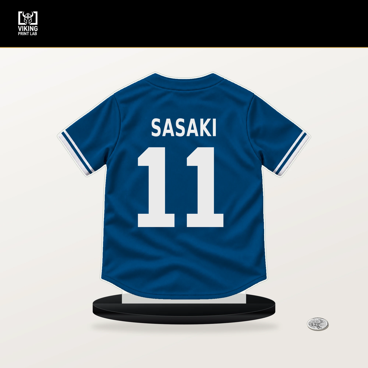 Roki Sasaki number 11 Los Angeles Dodgers jersey stand with included black base.