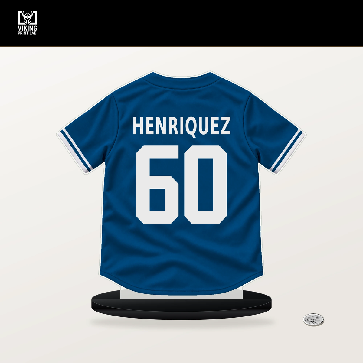Edgardo Henriquez number 60 Los Angeles Dodgers jersey stand with included black base.
