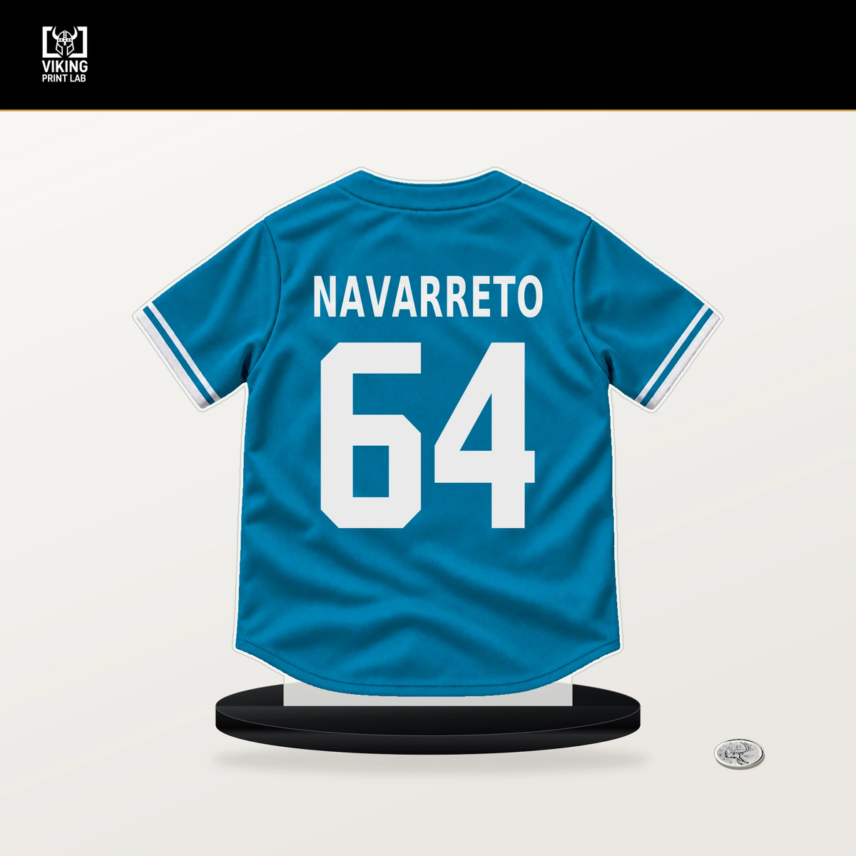 Brian Navarreto number 64 Miami Marlins jersey stand with included black base.