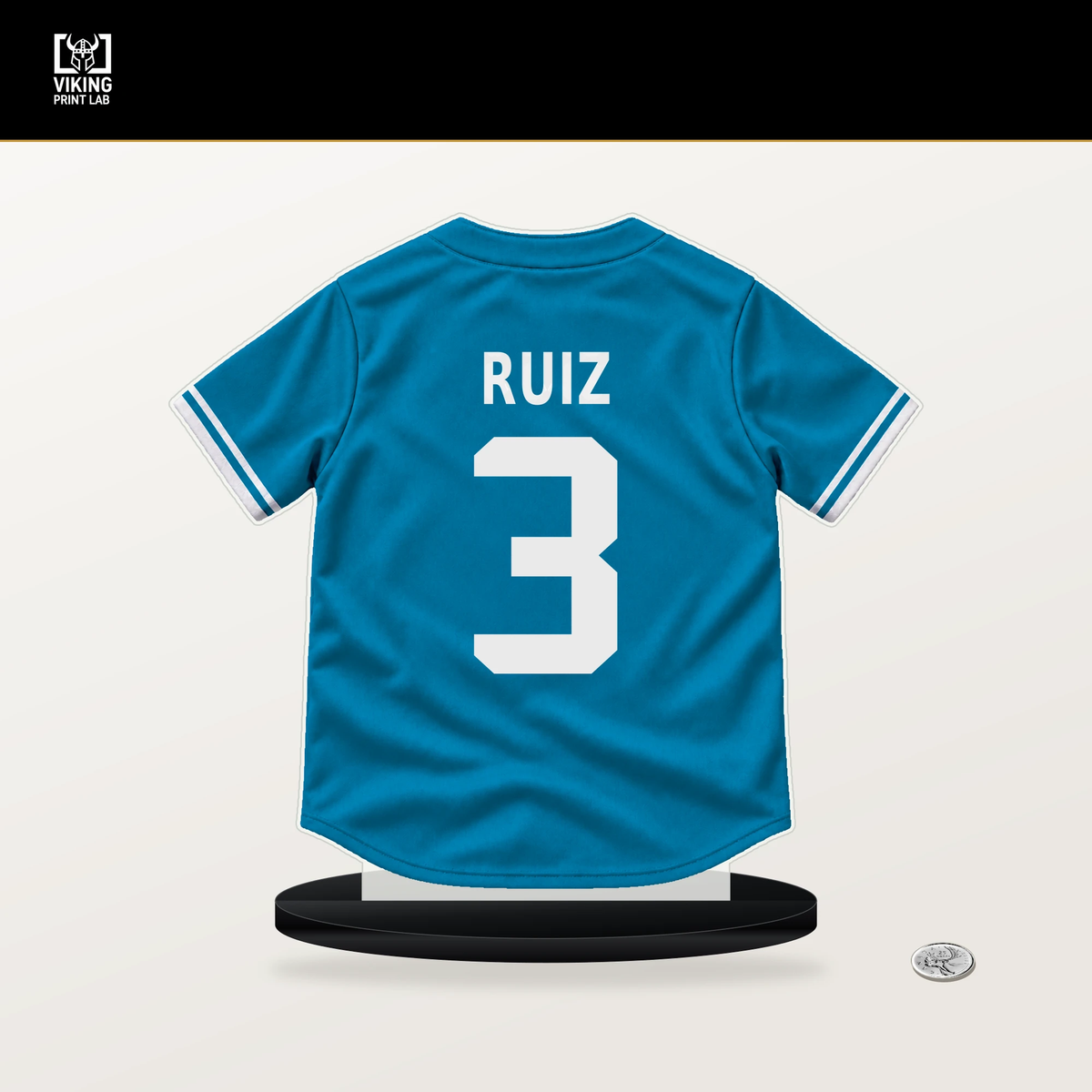 Esteury Ruiz number 3 Miami Marlins jersey stand with included black base.