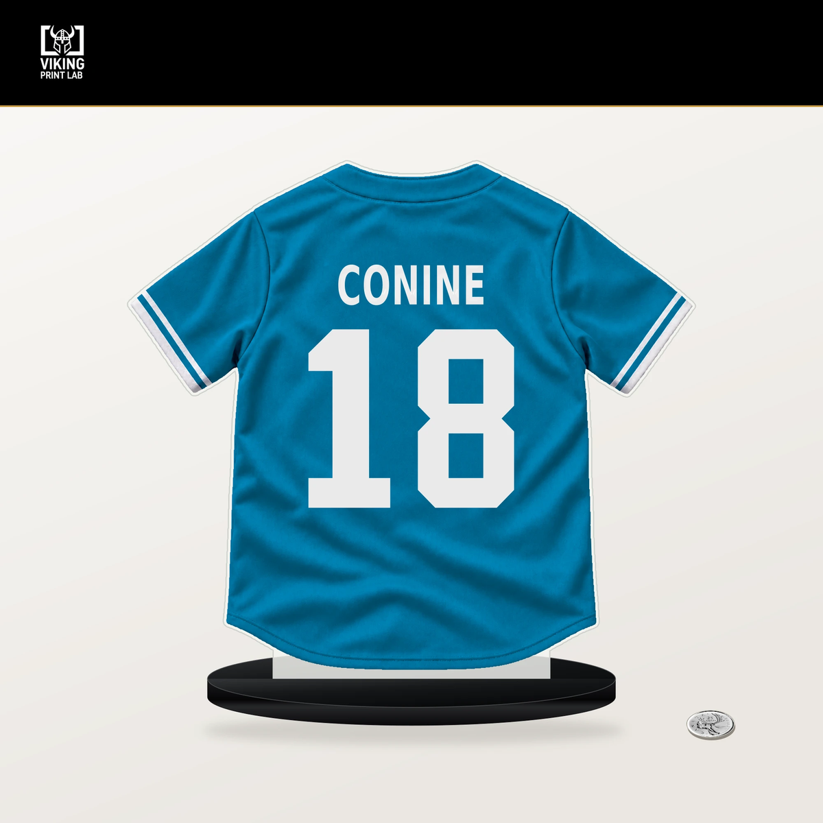 Griffin Conine number 18 Miami Marlins jersey stand with included black base.