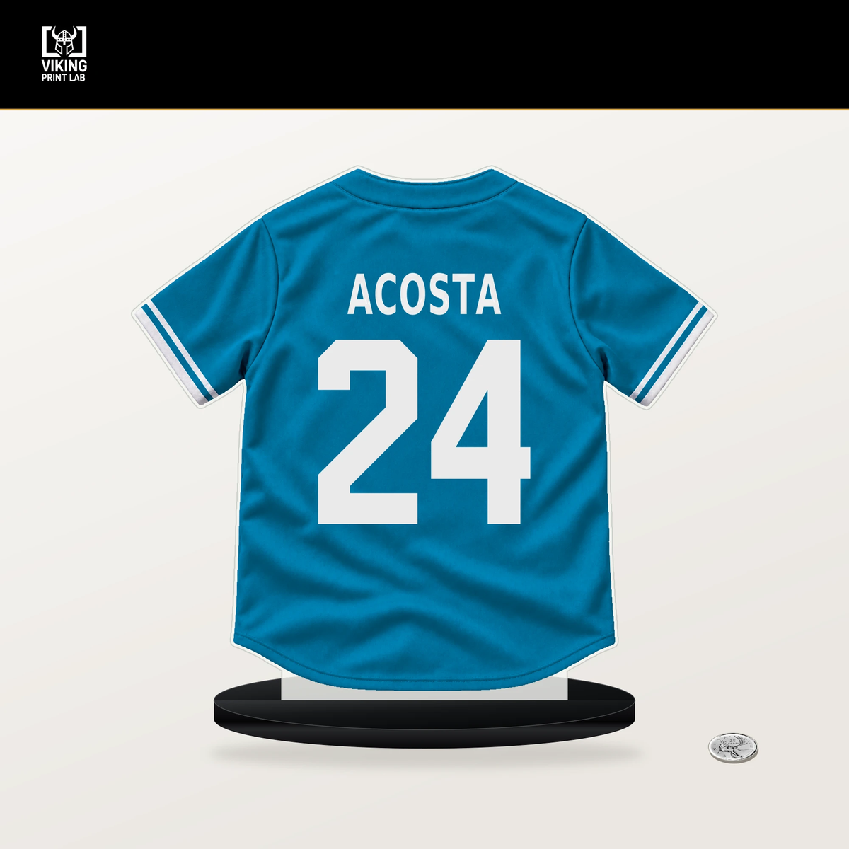 Maximo Acosta number 24 Miami Marlins jersey stand with included black base.