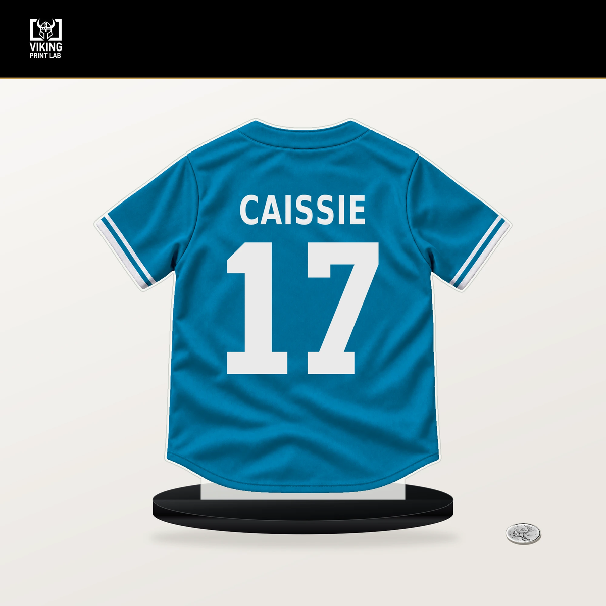 Owen Caissie number 17 Miami Marlins jersey stand with included black base.