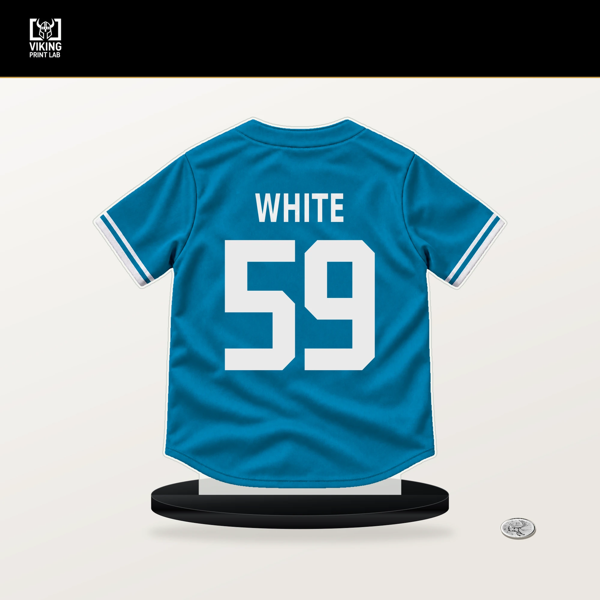 Joshua White number 59 Miami Marlins jersey stand with included black base.