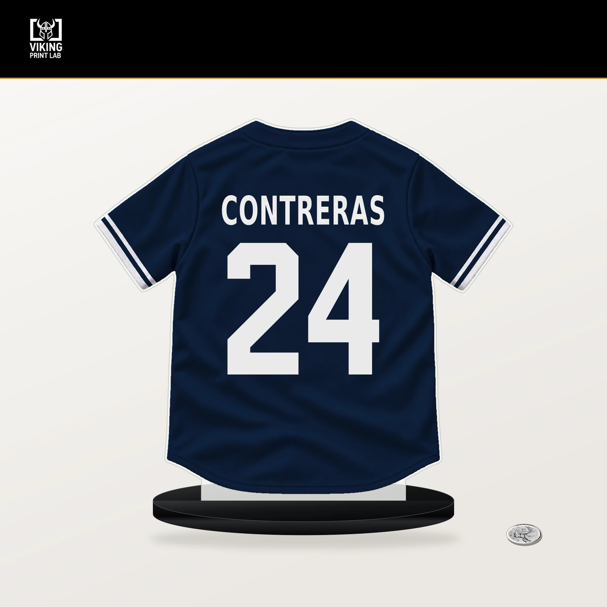 William Contreras number 24 Milwaukee Brewers jersey stand with included black base.