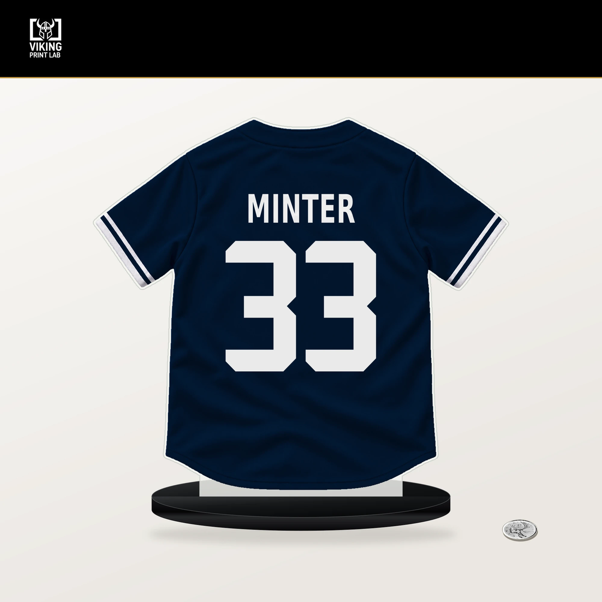 A.J. Minter number 33 Minnesota Twins jersey stand with included black base.