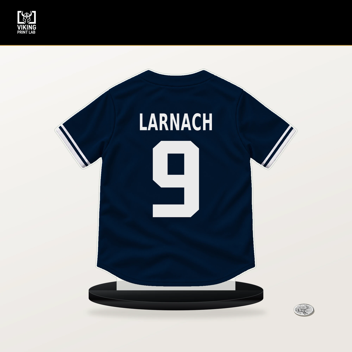 Trevor Larnach number 9 Minnesota Twins jersey stand with included black base.