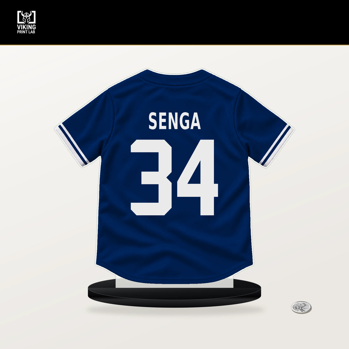 Kodai Senga number 34 New York Mets jersey stand with included black base.