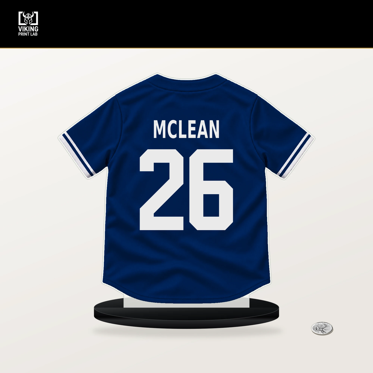 Nolan McLean number 26 New York Mets jersey stand with included black base.
