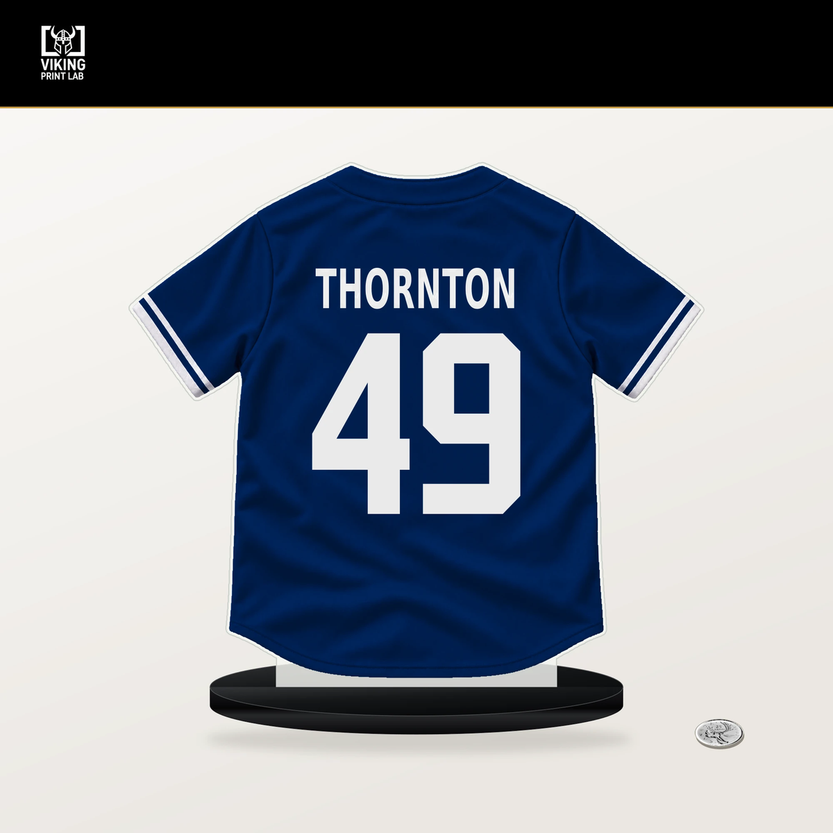 Zac Thornton number 49 New York Mets jersey stand with included black base.