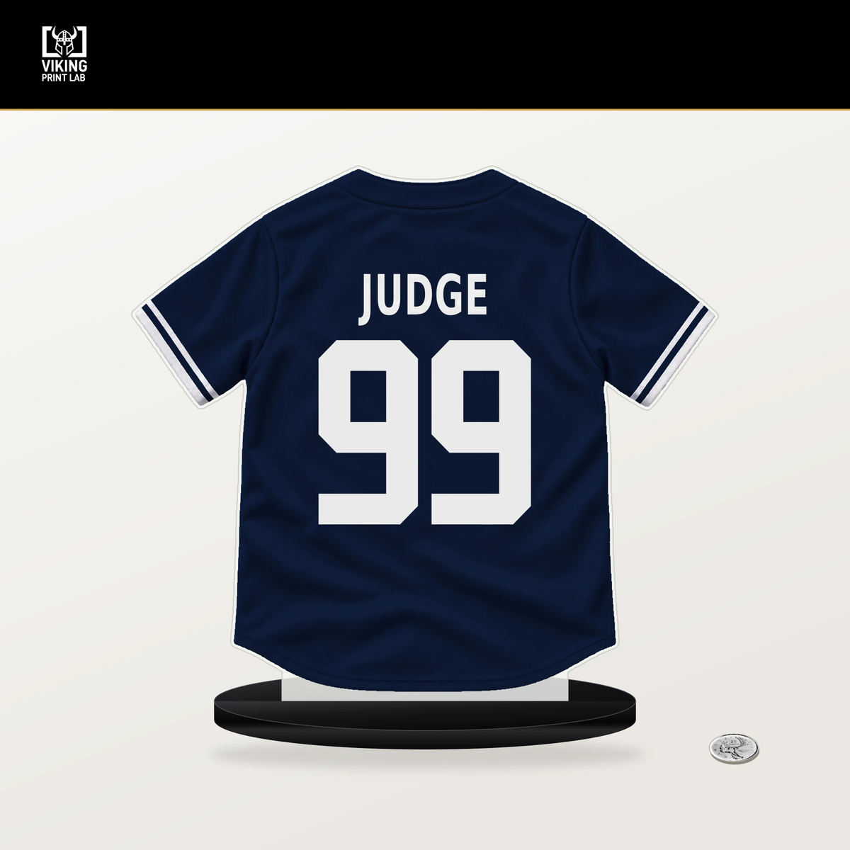 Aaron Judge number 99 New York Yankees jersey stand with included black base.
