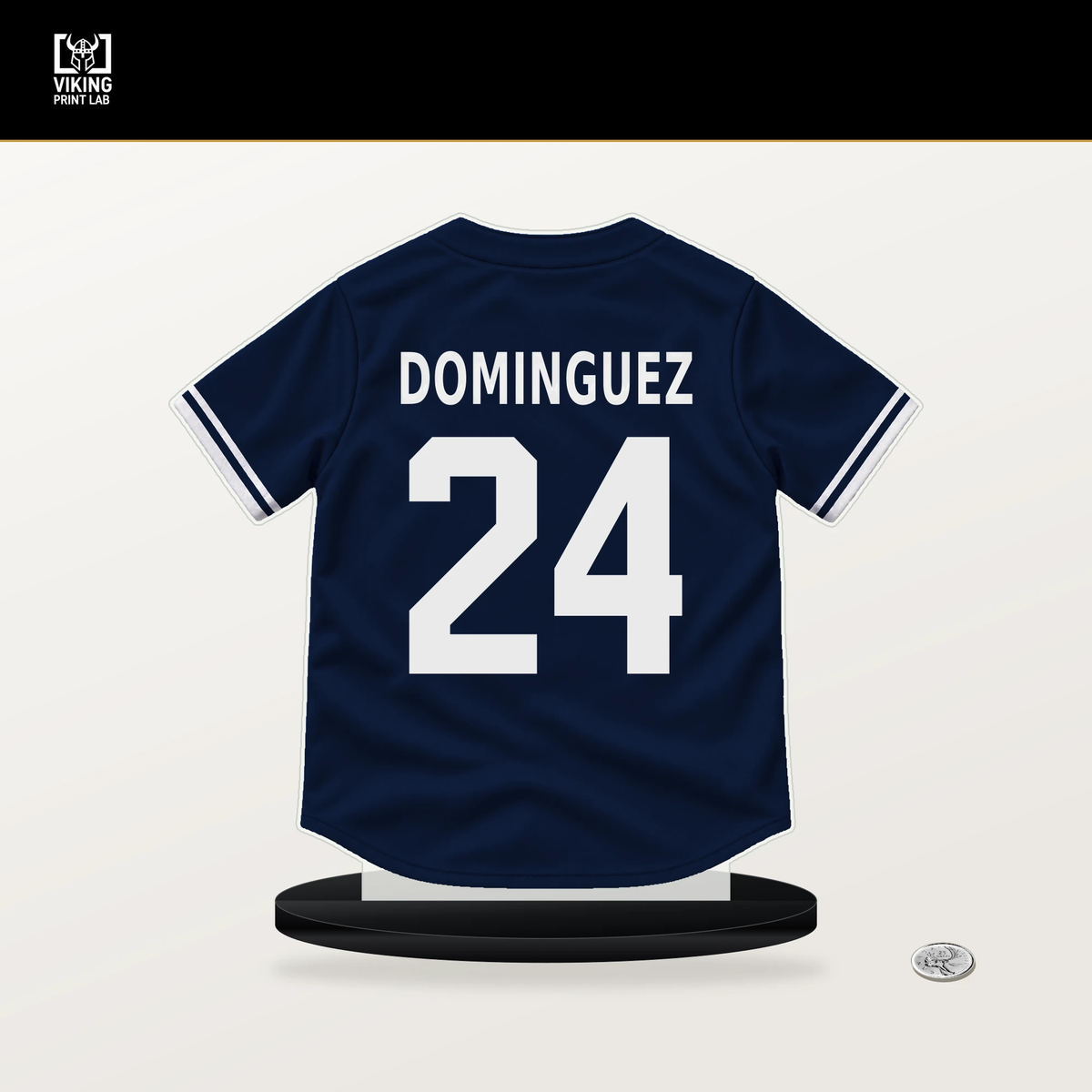 Jasson Dominguez number 24 New York Yankees jersey stand with included black base.