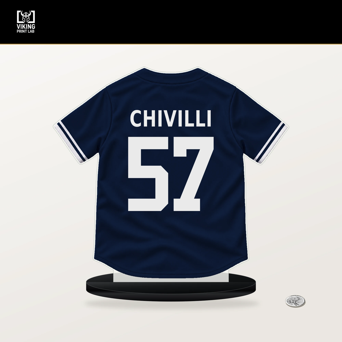 Angel Chivilli number 57 New York Yankees jersey stand with included black base.