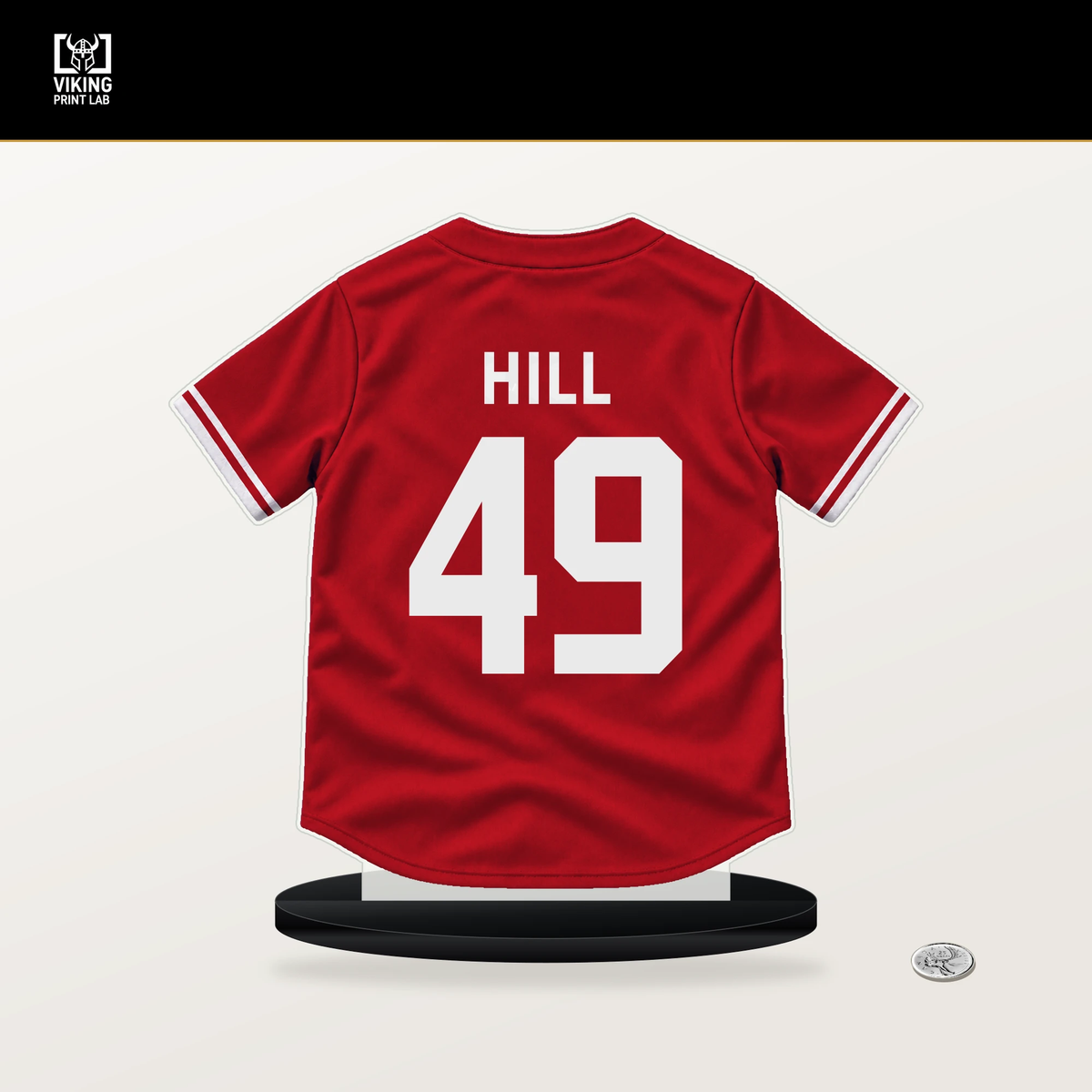 Derek Hill number 49 Philadelphia Phillies jersey stand with included black base.