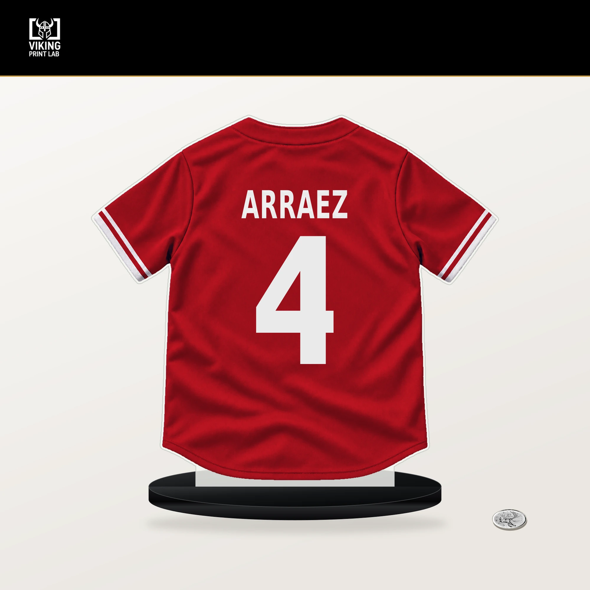 Luis Arraez number 4 Philadelphia Phillies jersey stand with included black base.