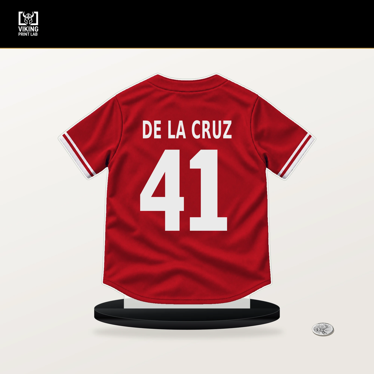 Bryan De La Cruz number 41 Philadelphia Phillies jersey stand with included black base.